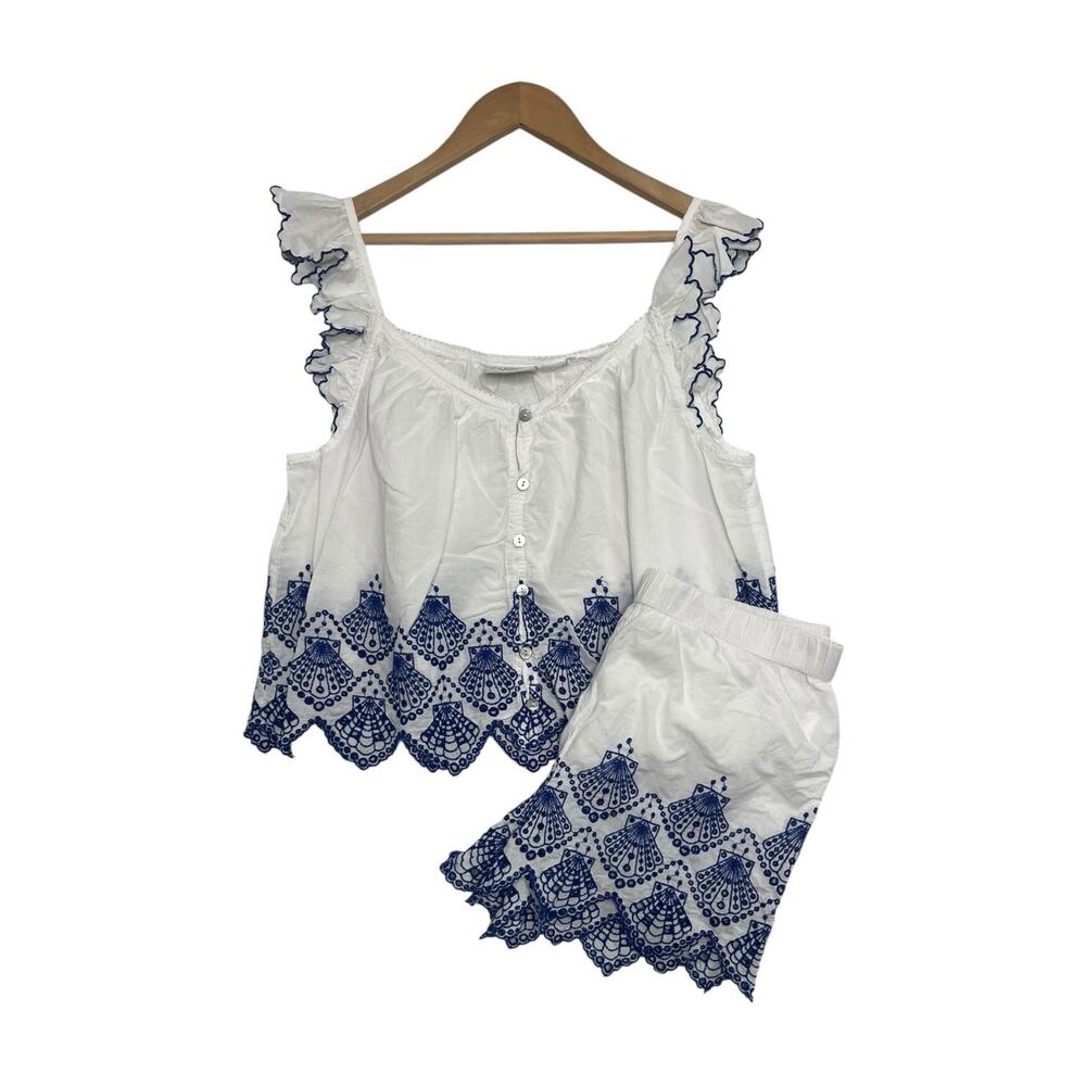 Calypso St Barth Pajama Set Womens Medium White Blue Embroidered Cotton Lounge - Picture 2 of 14